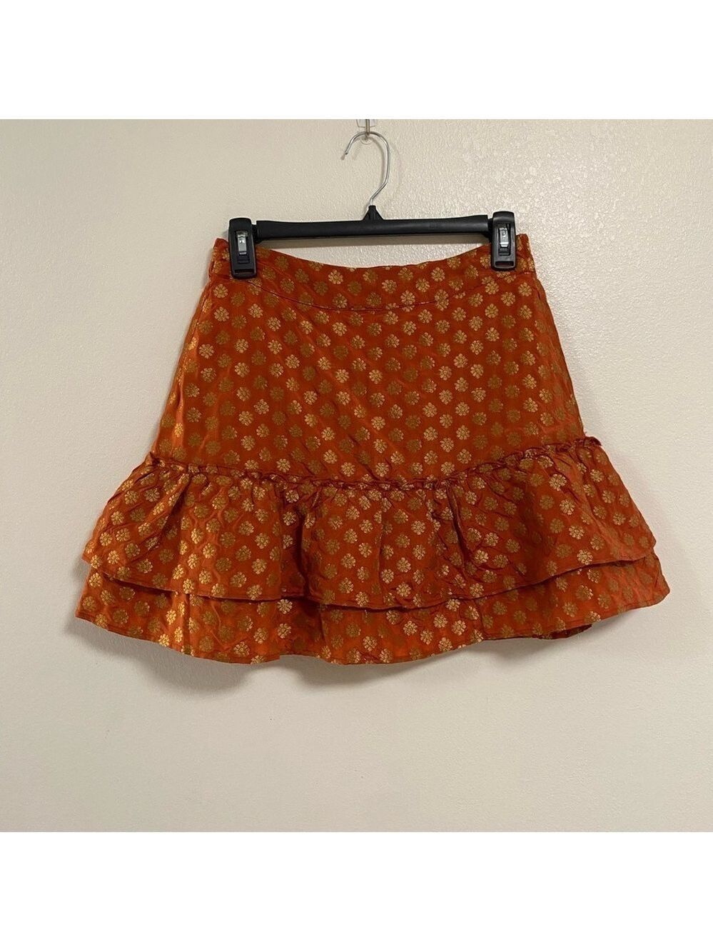 THML Ruffle Mini Skirt Burnt Orange Metallic Gold all over detail Size XS